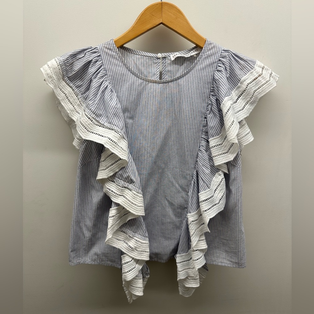 English Factory baby blue and white ruffled shirt.